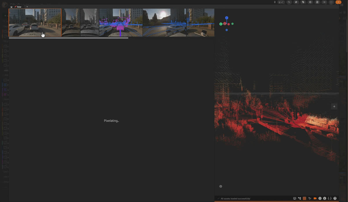 A grouped FiftyOne build of KITScenes Multimodal high-fidelity robotaxi dataset, where every camera, a fused seven-lidar-and-three-radar point cloud, and a reprojection-accurate HD map for one driving instant all live under a single group id.