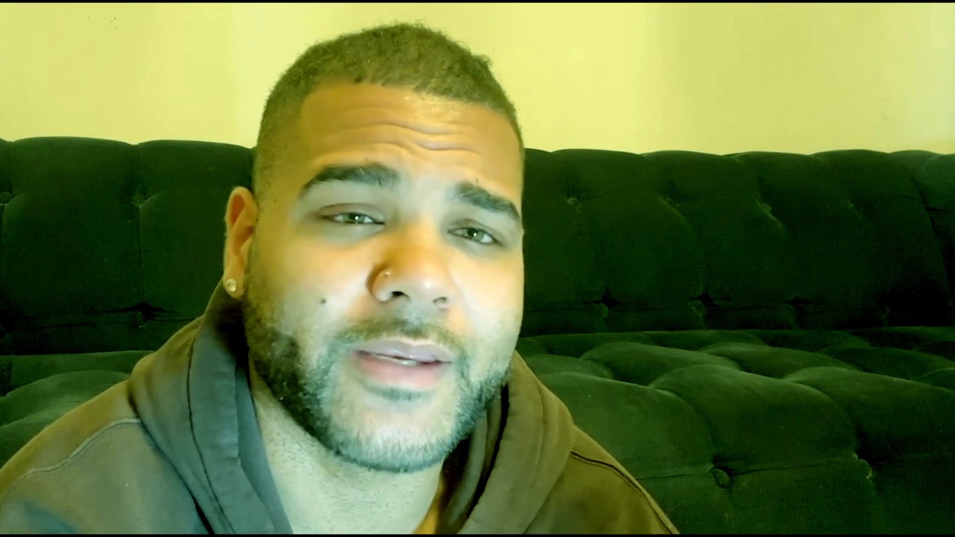 Two individuals participate in a remote video conversation, alternating speaking turns while addressing the camera directly from their respective settings.