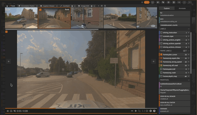 Trajectory variants overlaid frame by frame on the front camera, with the plan_cursor advancing along the expert path through a nine-second scenario.