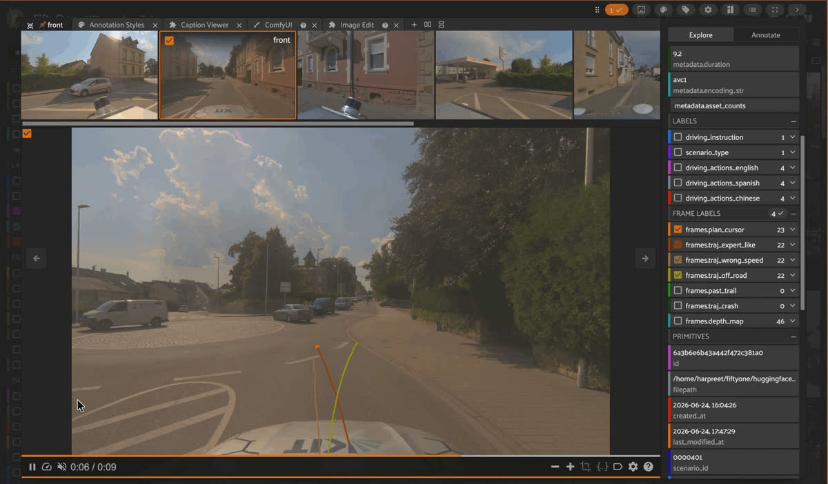 Trajectory variants overlaid frame by frame on the front camera, with the plan_cursor advancing along the expert path through a nine-second scenario.