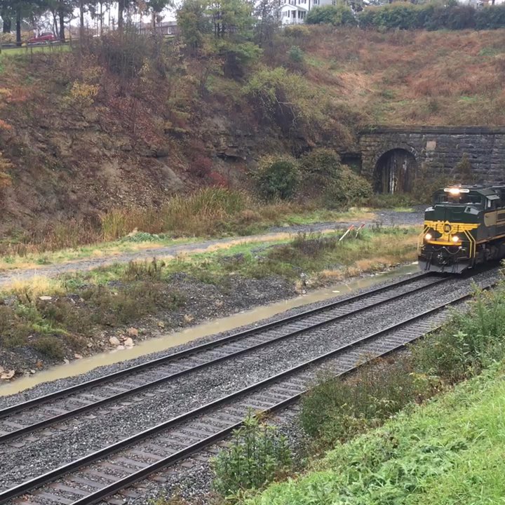 The Tunnel Inn - Norfolk Southern's Erie Heritage Unit heads west on Track 3, with a wave from the conductor (BC)  @ The Tunnel Inn, Gallitzin PA - Bed & Breakfast Near Me - Gallitzin, Pennsylvania