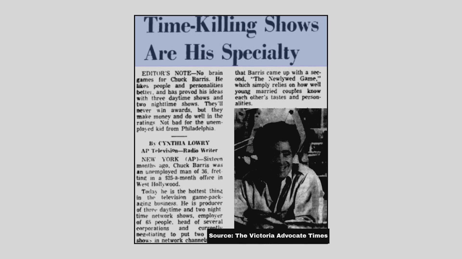 A vintage newspaper article profiling Chuck Barris discusses his success as a television producer, particularly his work on The Newlywed Game. The text highlights his career achievements and impact on the game show genre.