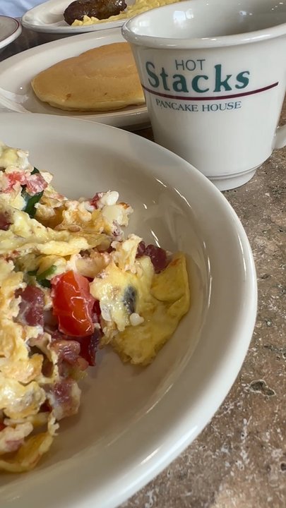 Hot Stacks - Florentine scramblette w/grits and a Golfers pancake breakfast - Breakfast & Brunch Near Me - North Myrtle Beach, South Carolina