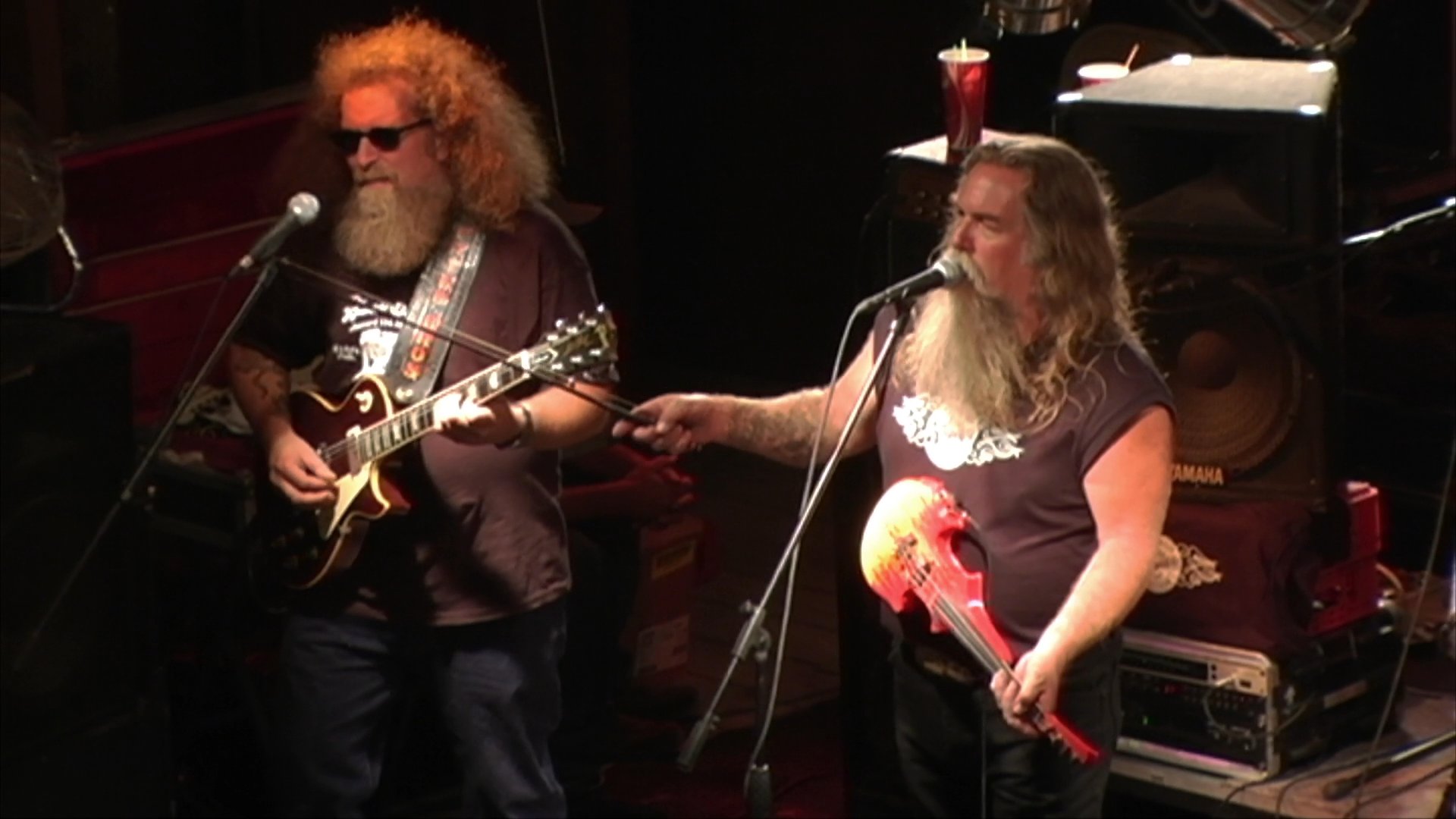 A long-haired, bearded musician performs on stage, alternating between playing an electric violin and singing into a microphone. The artist is accompanied by a guitarist in a dimly lit concert venue setting.
