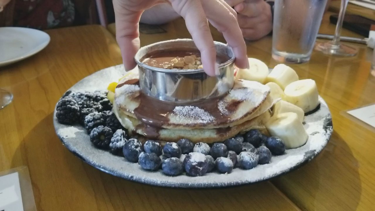 Miyako Doral - A must! Amazing Japanese pancakes w nutella cream n fruit & fun play time lifting the metal ring & oozing over the fluffy pancakes! Share! - Japanese Near Me - Doral, Florida