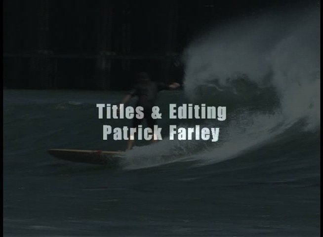 A surfer glides across a wave near a wooden pier, followed by a sequence of historical photographs showing surfers from a past era.
