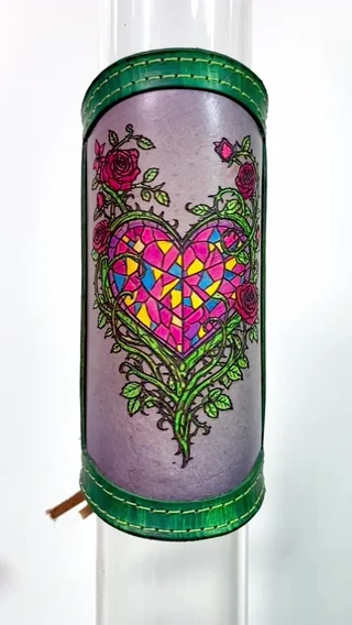 Preview pic of Neon Stained Glass Heart RipGrip – Handcrafted Leather Sleeve for Neck of Piece