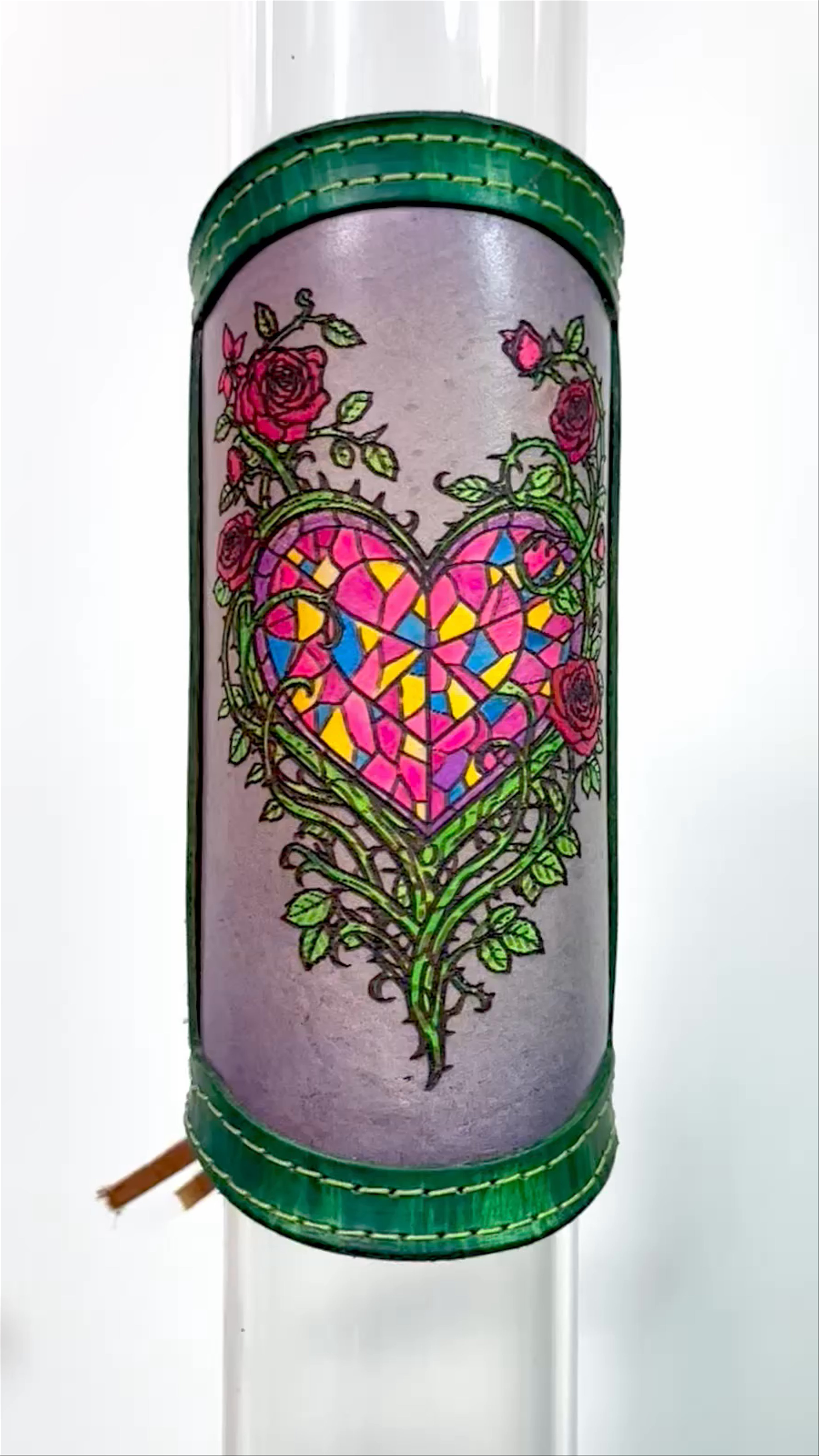 Preview pic of Neon Stained Glass Heart RipGrip – Handcrafted Leather Sleeve for Neck of Piece