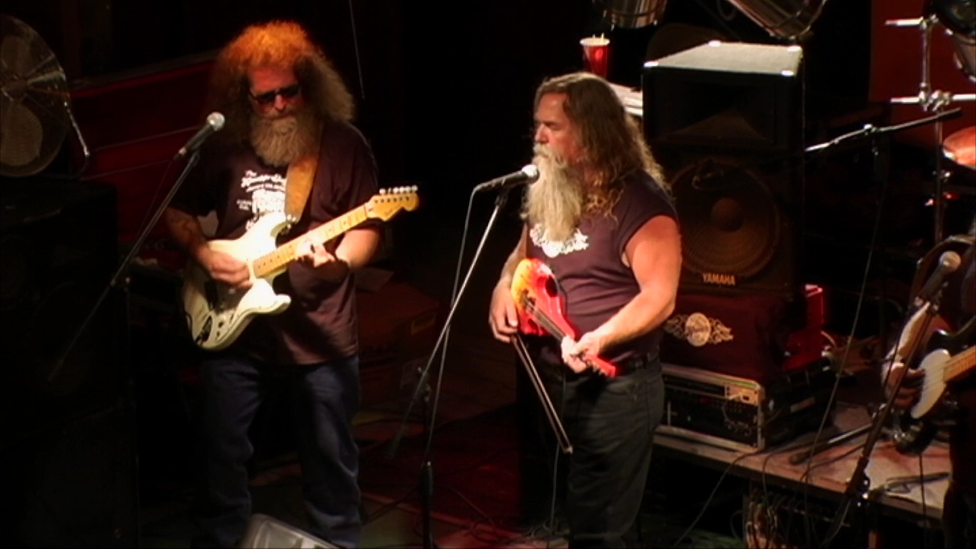 A long-haired, bearded vocalist leads a rock band in a live performance on a dimly lit venue stage. The group plays instruments and sings before an audience in an atmospheric musical setting.