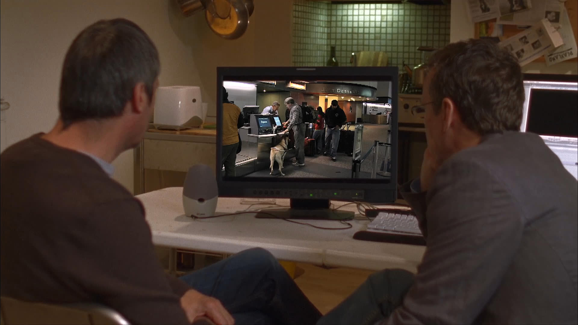 Security personnel monitor footage of a traveler and their service dog navigating an airport check-in area.