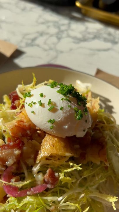 Lyonshare Public House - The greatest salad of all time - poached egg atop the Lyonaise salad - American Near Me - Beacon, New York