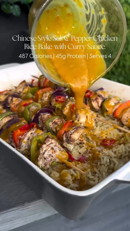 Chinese-Style Salt & Pepper Chicken Rice Bake with Curry Sauce