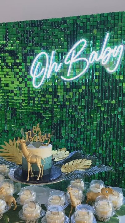 Leveled Up Luxe Rental - Oh baby Neón sign and shimmery green wall - Party Equipment Rentals Near Me - Lancaster, Pennsylvania