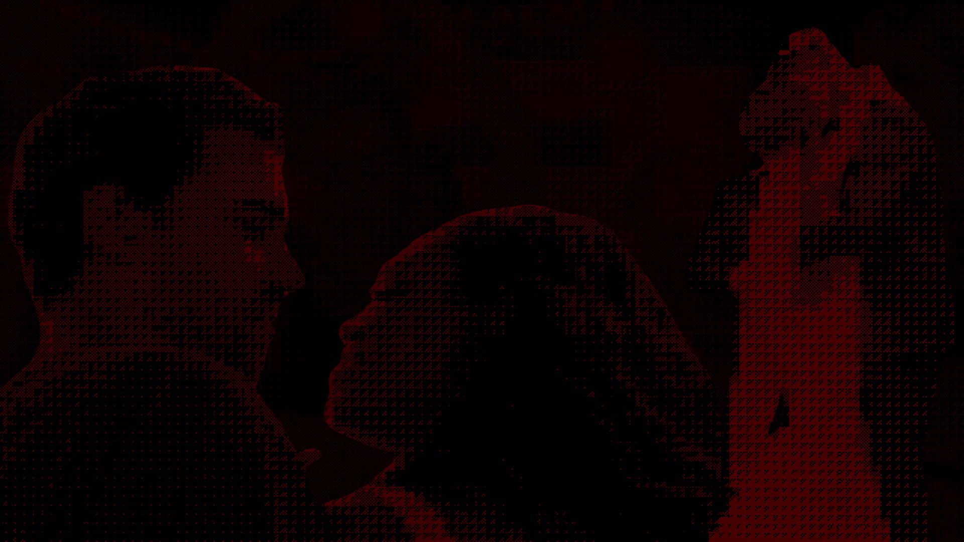 Two individuals face each other in an intimate, red-tinted silhouette that transitions into stark, minimalist geometric frames containing abstract objects.