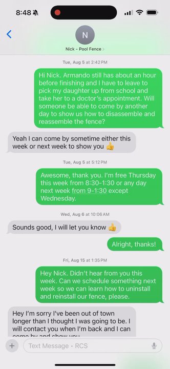 A Safe Pool Phoenix - Text threads between Jason and Nick at A Safe Pool discussing no showing, rescheduling, and poor communication. - Pool & Hot Tub Service Near Me - Scottsdale, Arizona