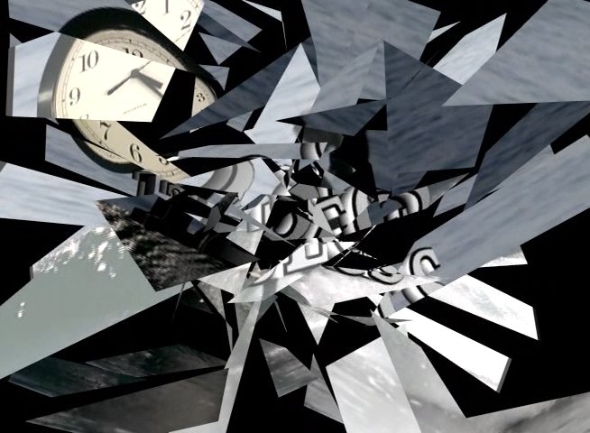 A surfer rides a wave in the ocean while a clock graphic tracks the duration of the ride. The sequence concludes with abstract transitions and a close-up focus on the board moving through water.