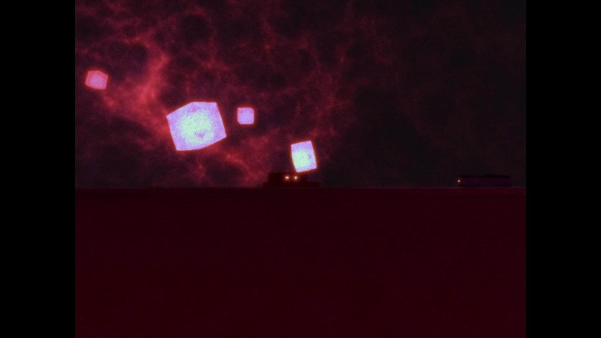 A train travels through a dark, ethereal void illuminated by floating, radiant cubes and swirling crimson nebula clouds.
