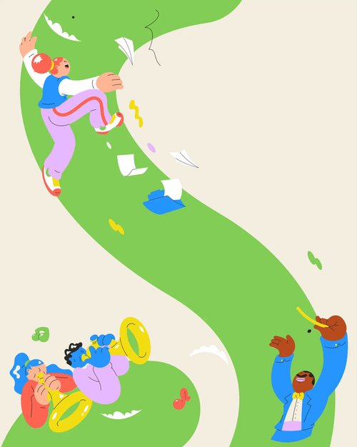 Colorful flat illustration of playful characters along a winding green path with musicians and a conductor