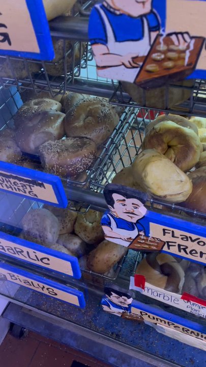 Hand Rolled Bagels - Whole wheat everything bagels at the end. The small moving black dots aren't poppy seeds. - Bagels Near Me - New Hyde Park, New York