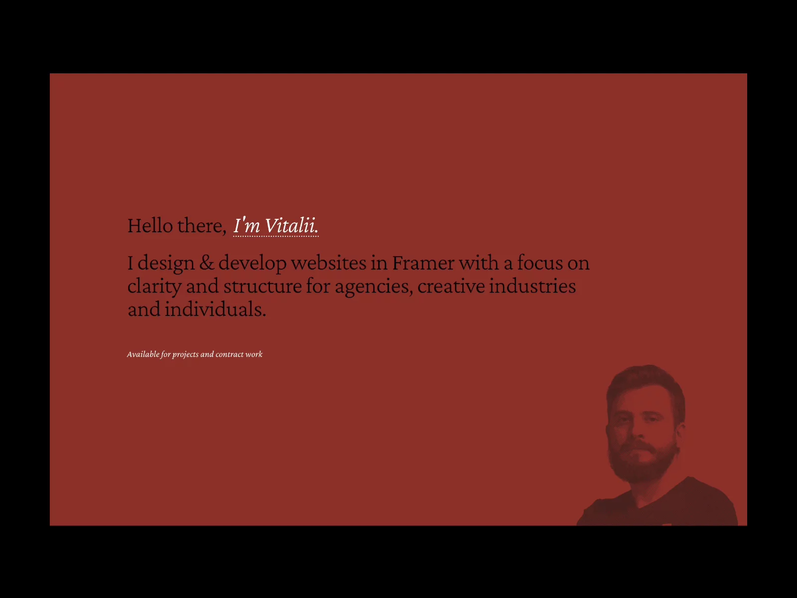 The first screen on my website’s homepage. Clicking on the name opens an overlay with information about availability.