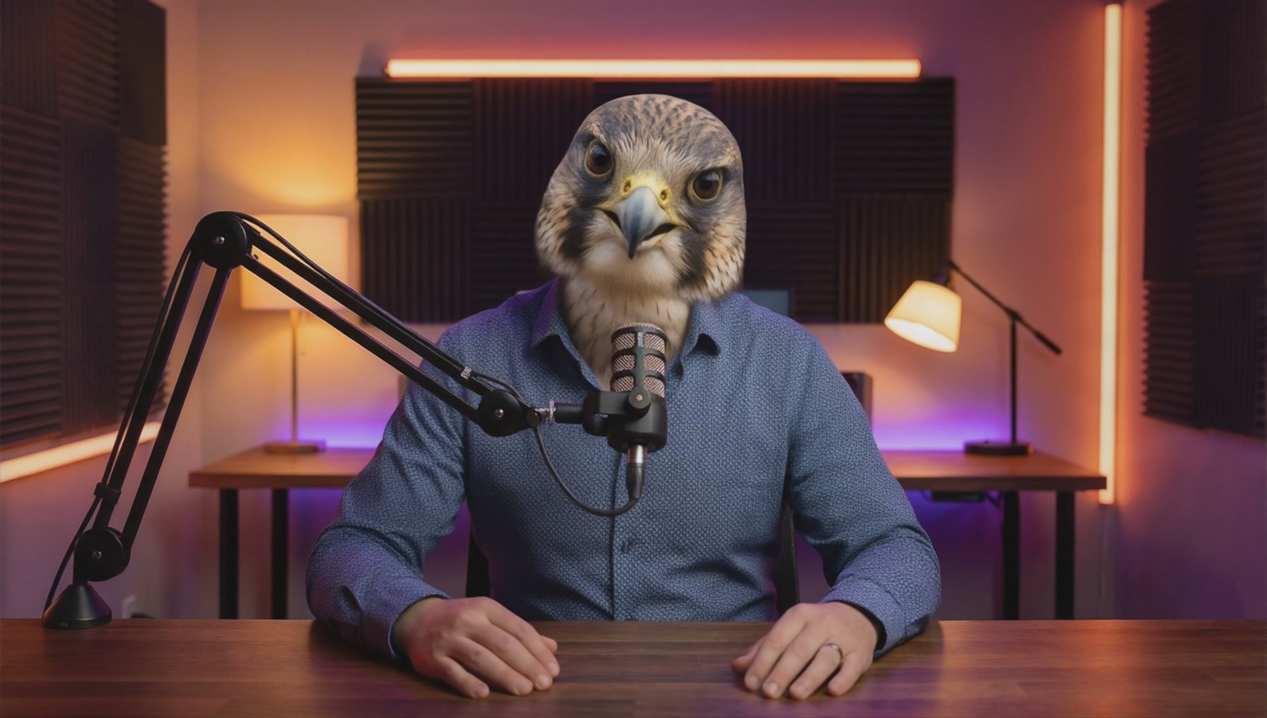 A medium close-up video frame of a person with a realistic falcon head sitting at a podcast desk. The figure wears a blue button-down shirt and sits before a black microphone on a boom arm. The background is a studio with acoustic panels and warm orange lights, generated with Omnihuman 1.5 at 1920x1088 resolution.