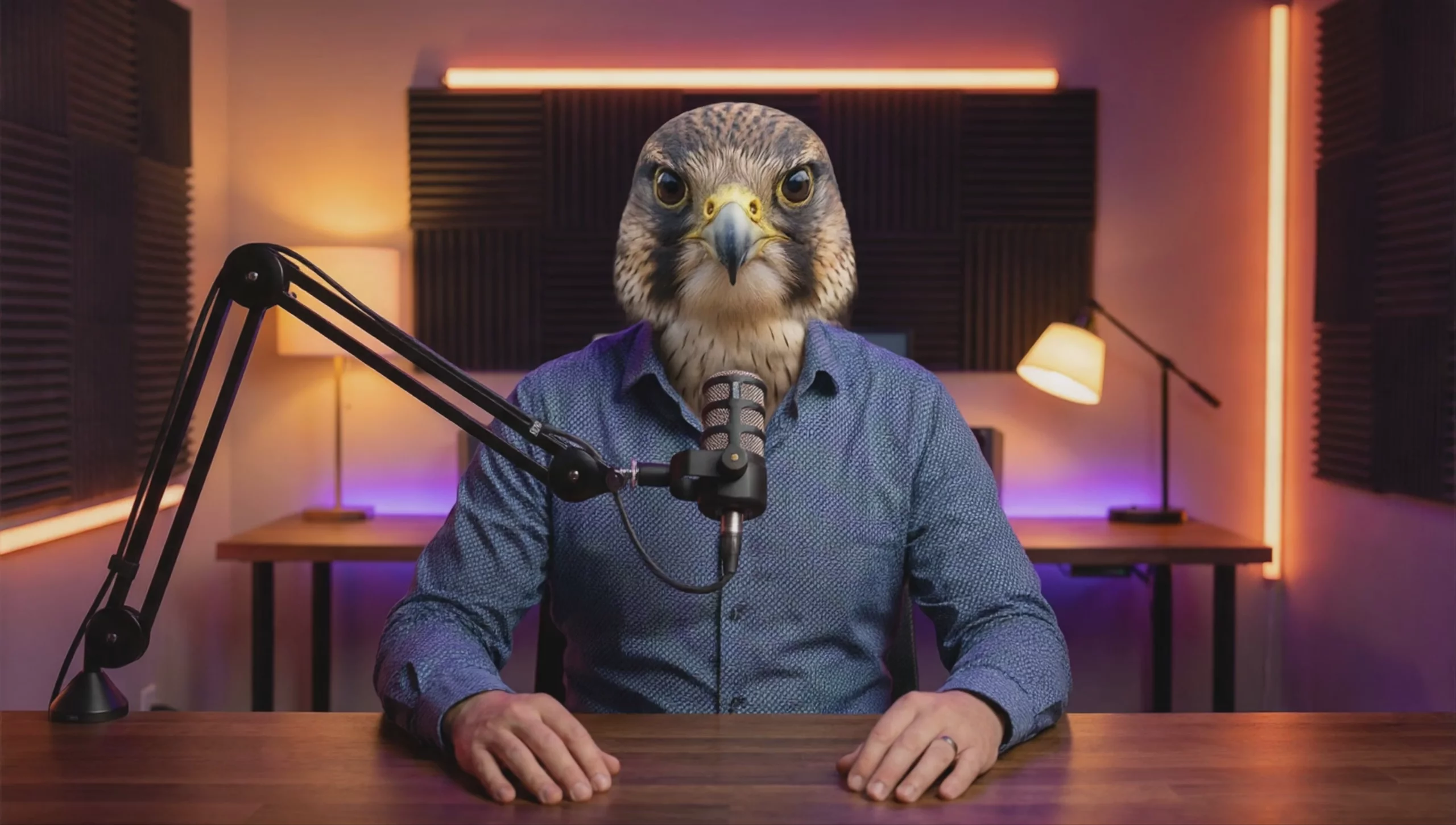 A medium close-up video frame of a person with a realistic falcon head sitting at a podcast desk. The figure wears a blue button-down shirt and sits before a black microphone on a boom arm. The background is a studio with acoustic panels and warm orange lights, generated with Omnihuman 1.5 at 1920x1088 resolution.
