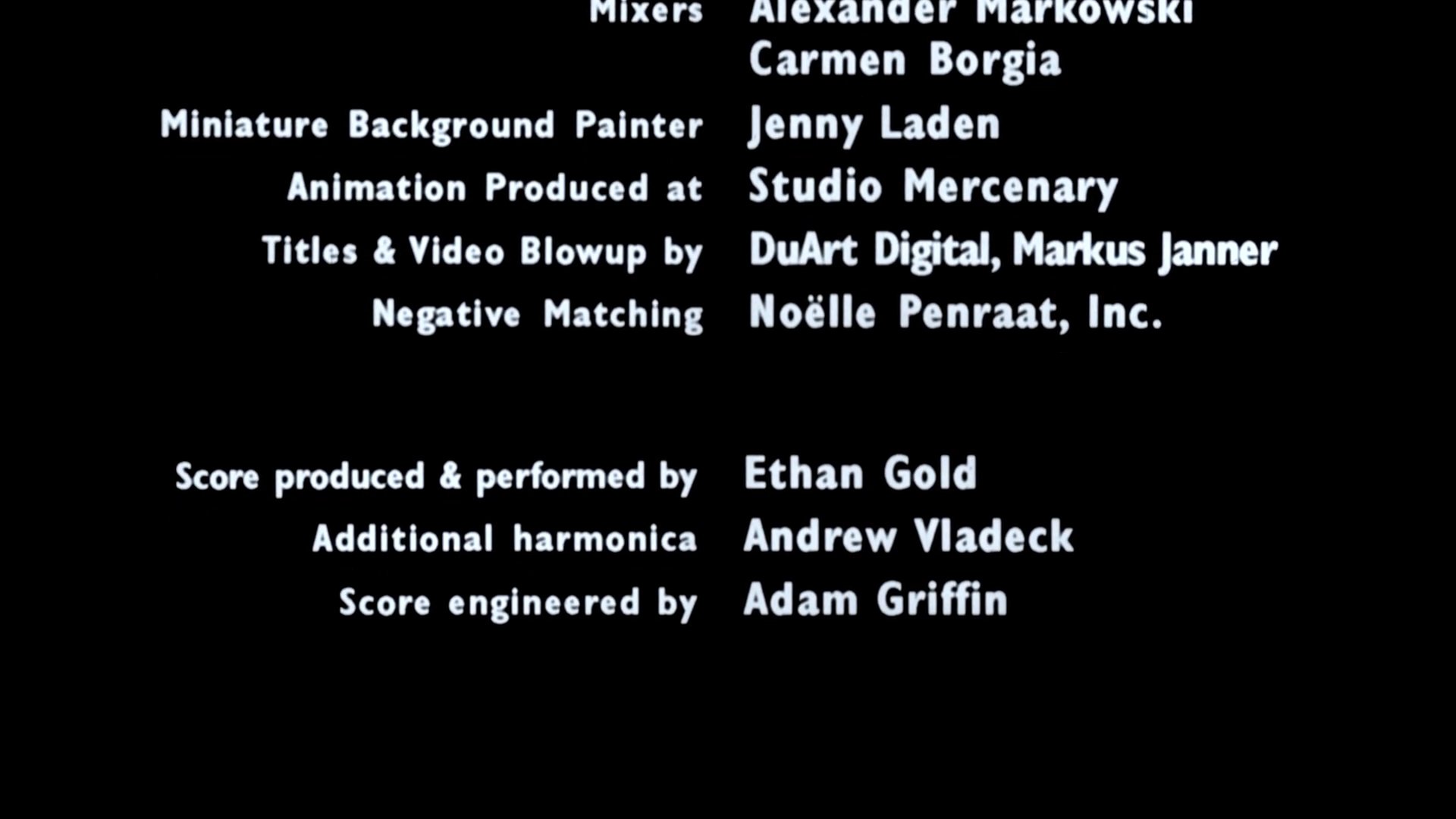 White text scrolls against a black background listing the production staff and acknowledging contributors involved in the project.