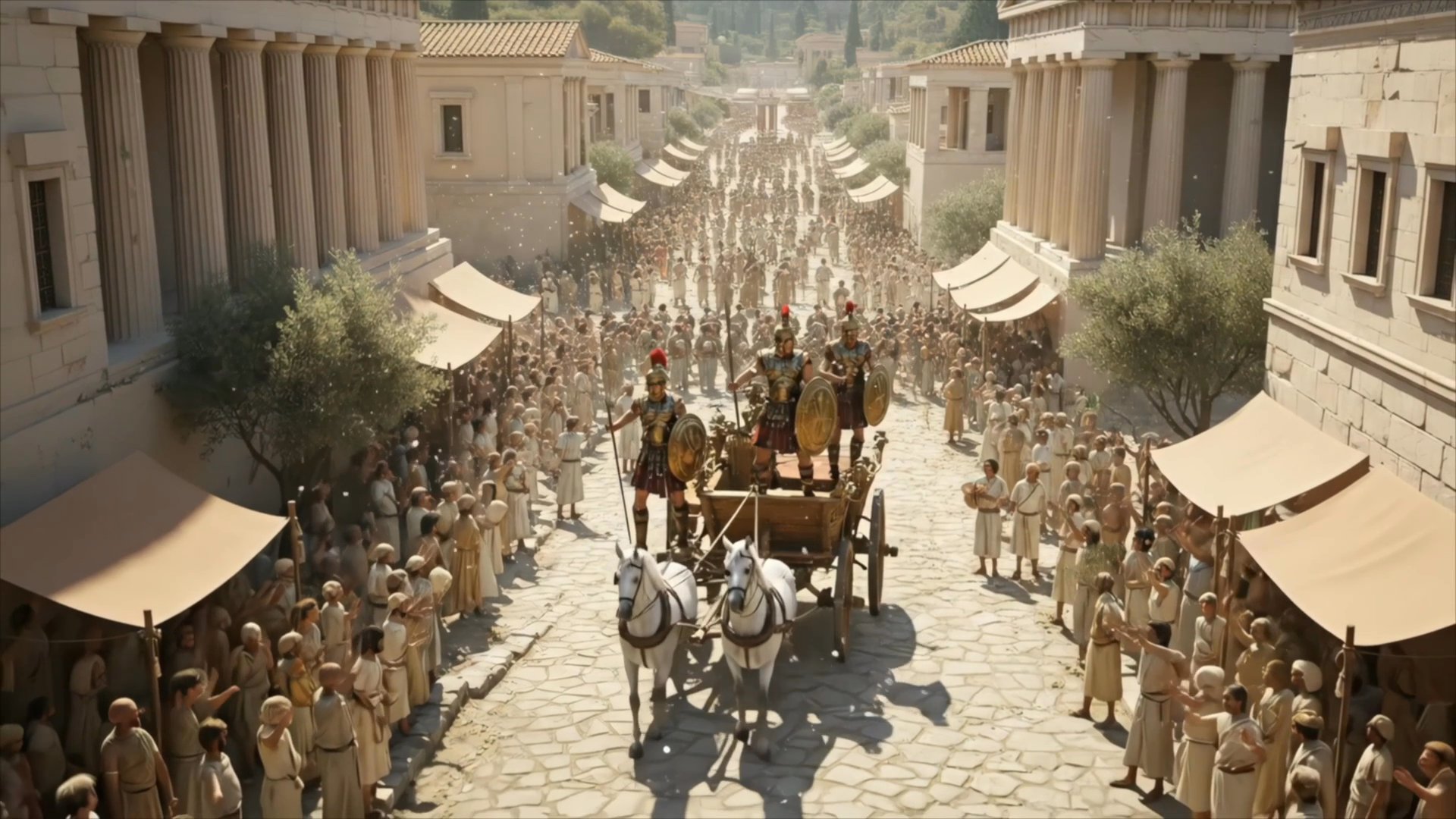 Ancient soldiers standing over defeated foes transition into a parade, followed by glimpses of monstrous entities and contemporary tactical specialists.