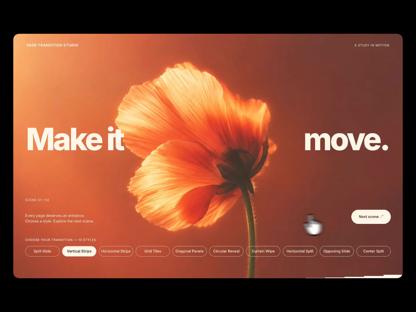 Meet Page Transition Studio, the newly code component we've created. You can adds animated transitions between pages in Framer. There are 10 styles available inside the component. Check it out: https://framer.link/s8zsfLl