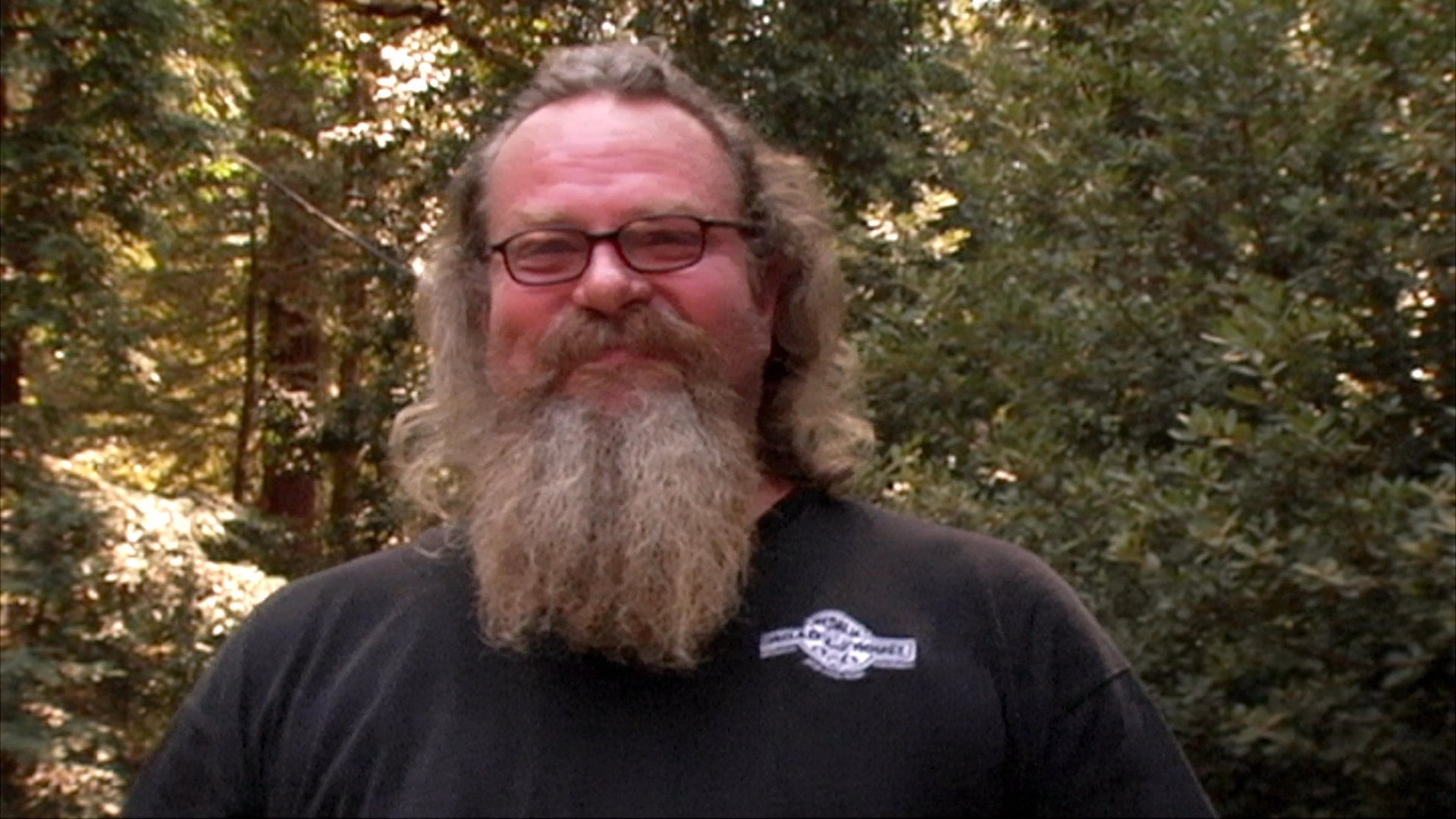 A man with a long beard and glasses speaks directly to the camera while standing in a wooded environment. He uses hand gestures to emphasize his points during the presentation.
