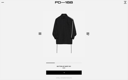 PD—168 product page for Button-Up Shirt 001, showing a model in black clothing with white side stripes