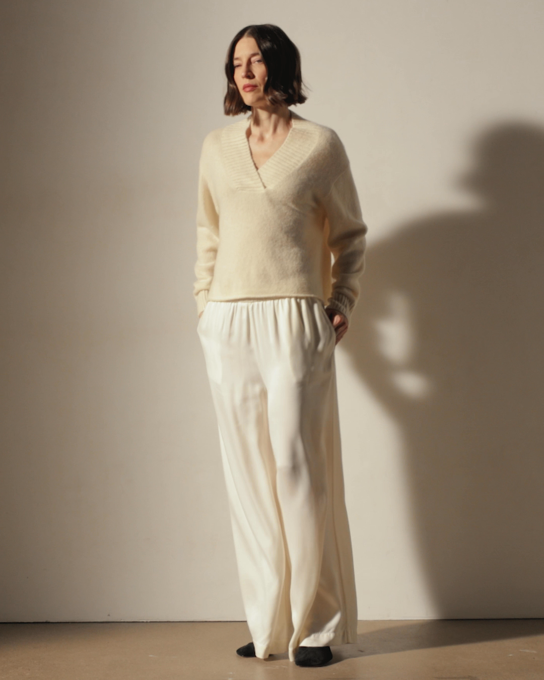 Satin Drawstring Wide Leg Pant - Ivory Pigment | James Perse Los