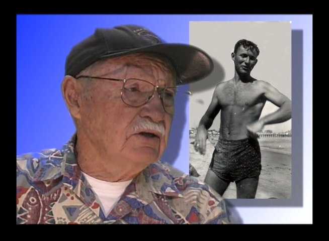 Elderly veterans share personal memories and historical accounts during a sit-down interview. A vintage black-and-white photograph of each individual as a young man is displayed alongside them to illustrate their past.