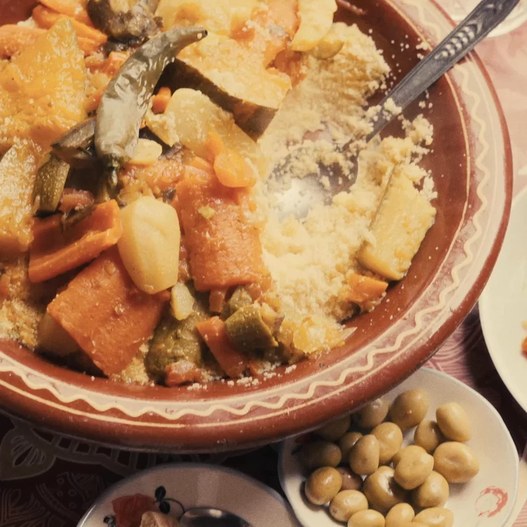 Video overhead of eating from a traditional Moroccan meal