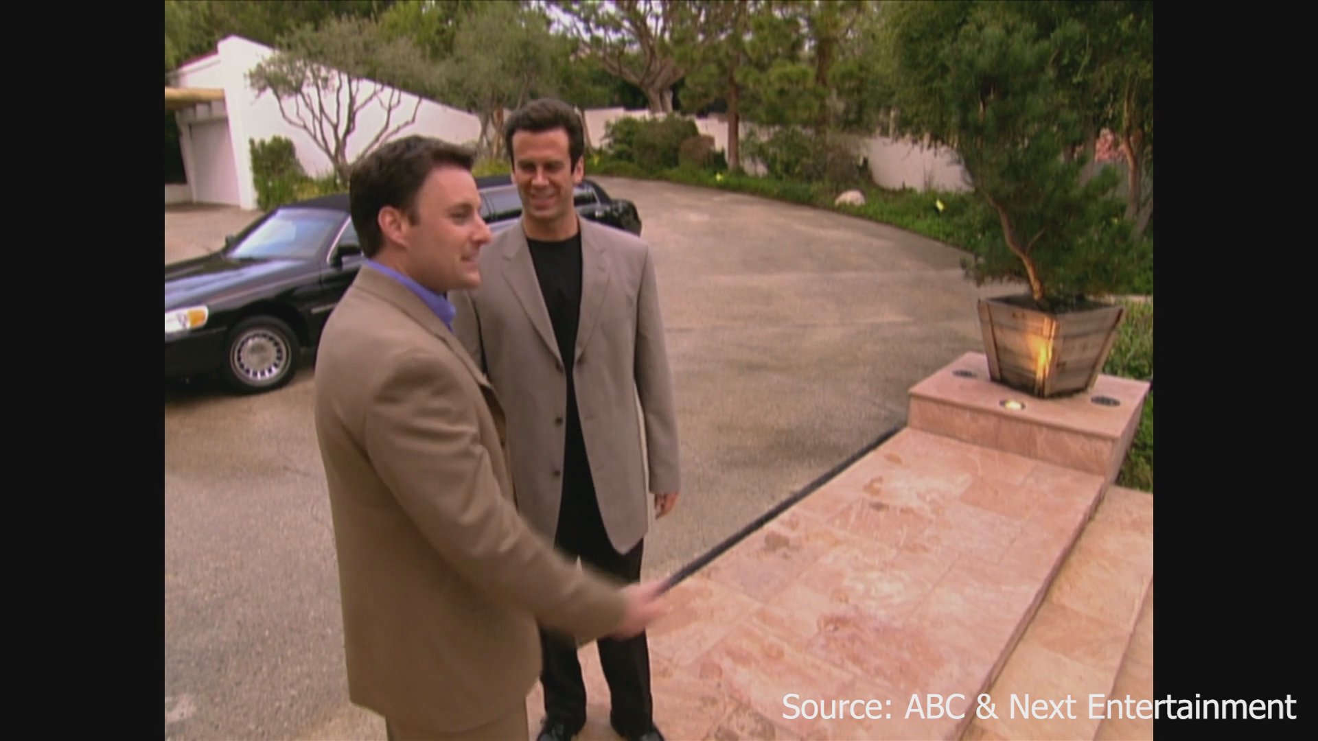 The opening sequence of a television dating competition transitions from nostalgic childhood footage to scenes of a luxurious bachelor estate, featuring contestants and iconic series imagery.