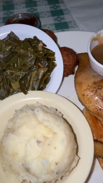 Fish N' Pig - 1. 1/2 hickory smoked chicken, collard greens, mashed potatoes, & hush puppies  2. Catfish fillet, fries, & collard greens - Seafood Near Me - Macon, Georgia