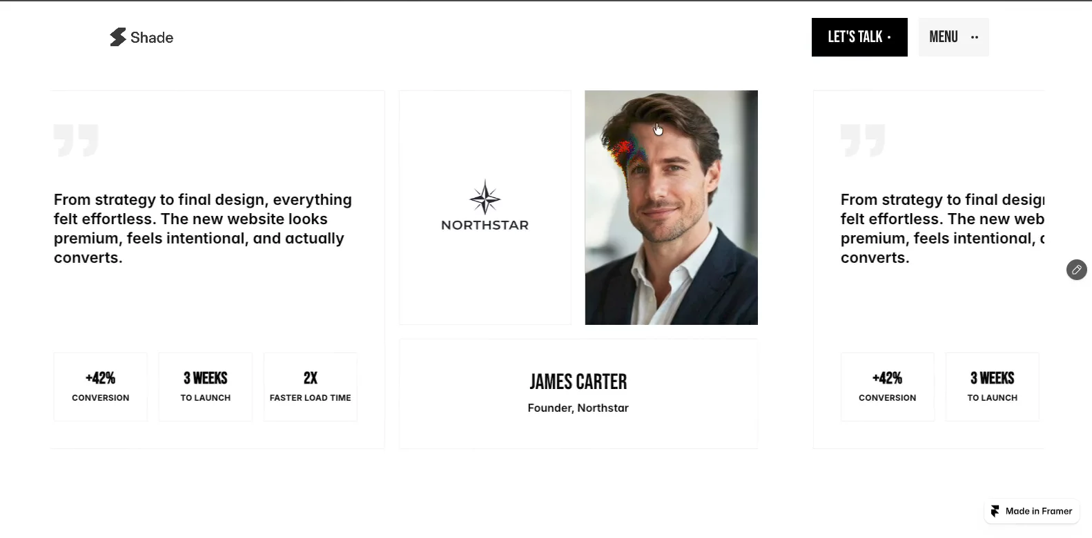 Two months of building. Launching next week.I've spent the last two months designing and building a new Framer template for creative studios and agencies.From the visual direction and typography to the interactions and responsive layouts, every part has been designed and refined from the ground up.It's almost ready.Launching next week.