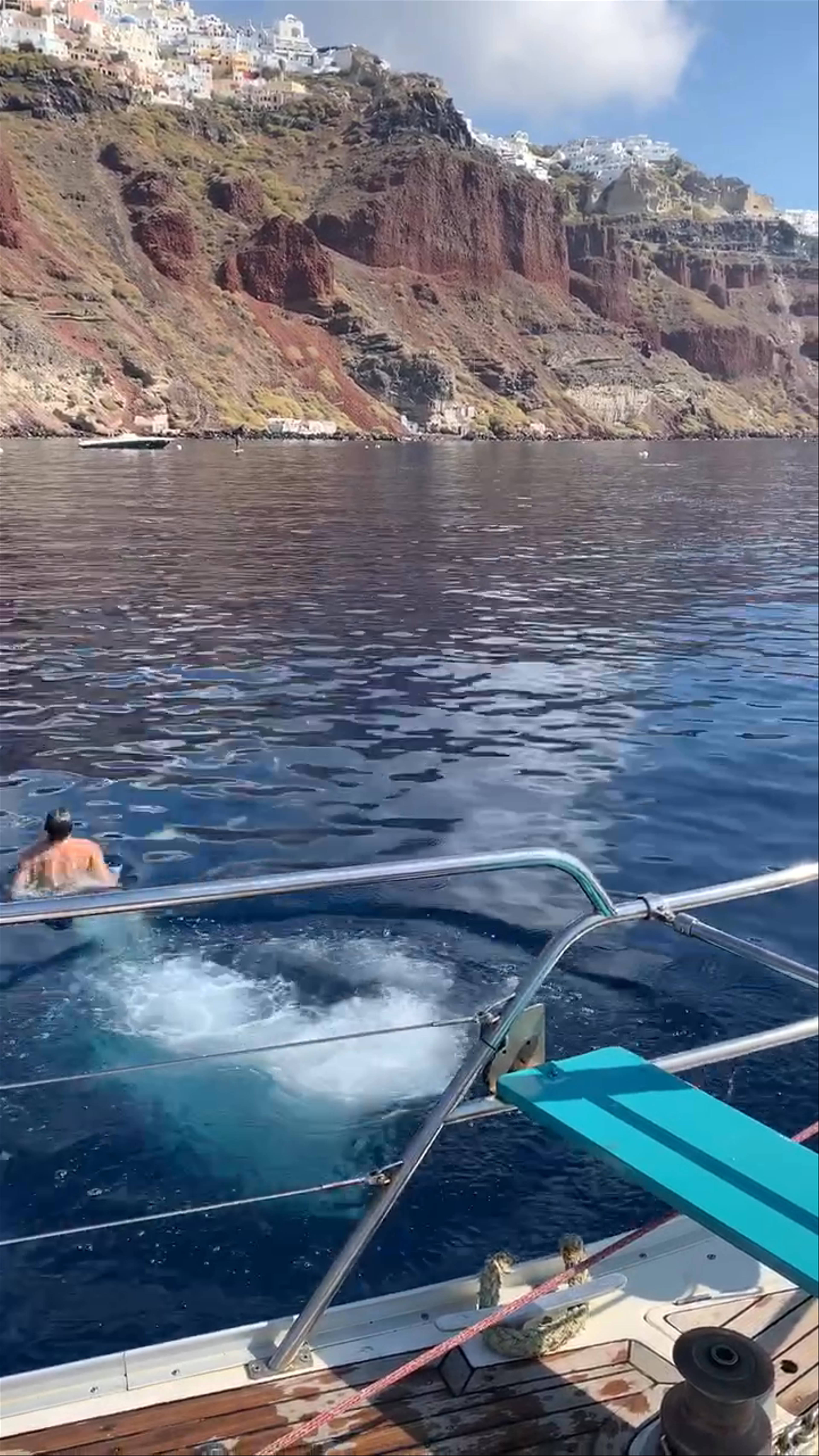 Semi private catamaran cruise Caldera Santorini