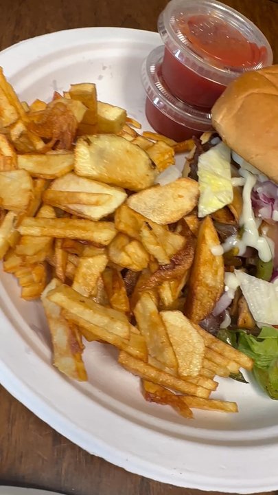 Troy Grille - Farmer's Burger & potatoes, stuffed grape leaves, and Chicken Istanbul salad bowl - Mediterranean Near Me - Kent, Ohio