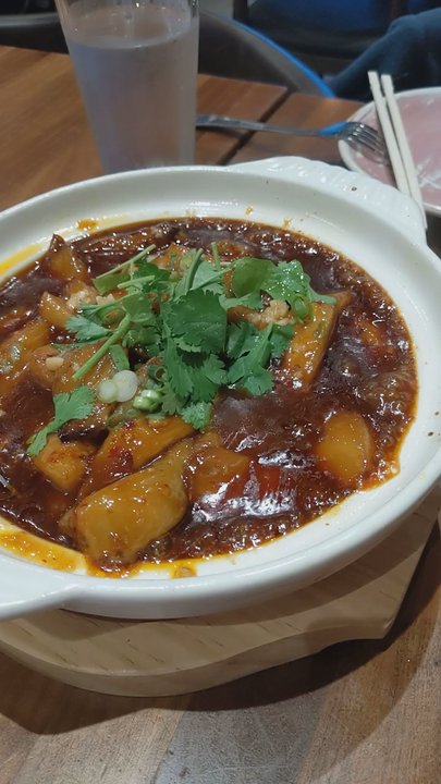 Urban Wu - V7. Eggplant with spicy garlic sauce in clay pot. $11.95. - Szechuan Near Me - Atlanta, Georgia