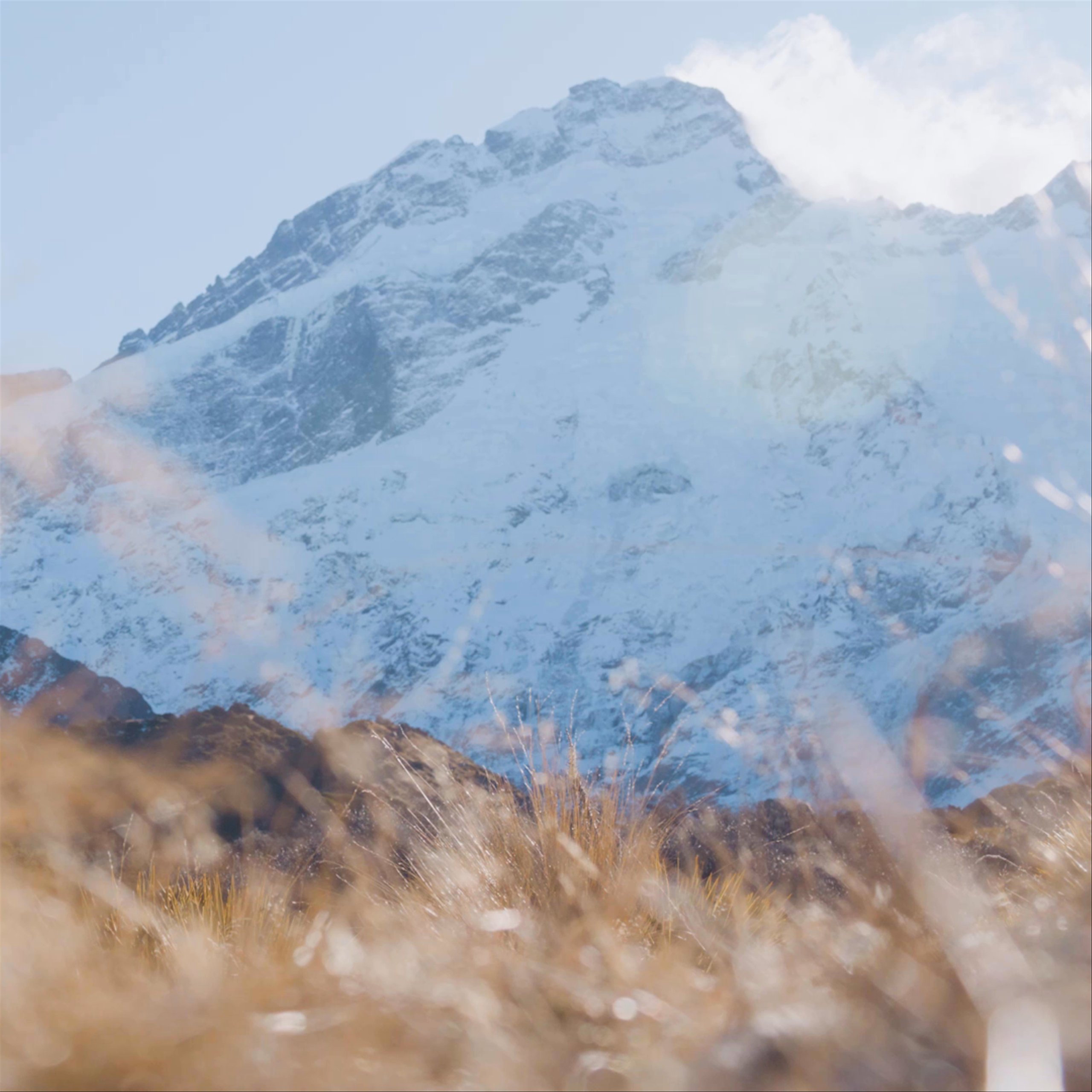 Video of man and woman hiking through a grassy mountain landscape with snowy mountains in the background