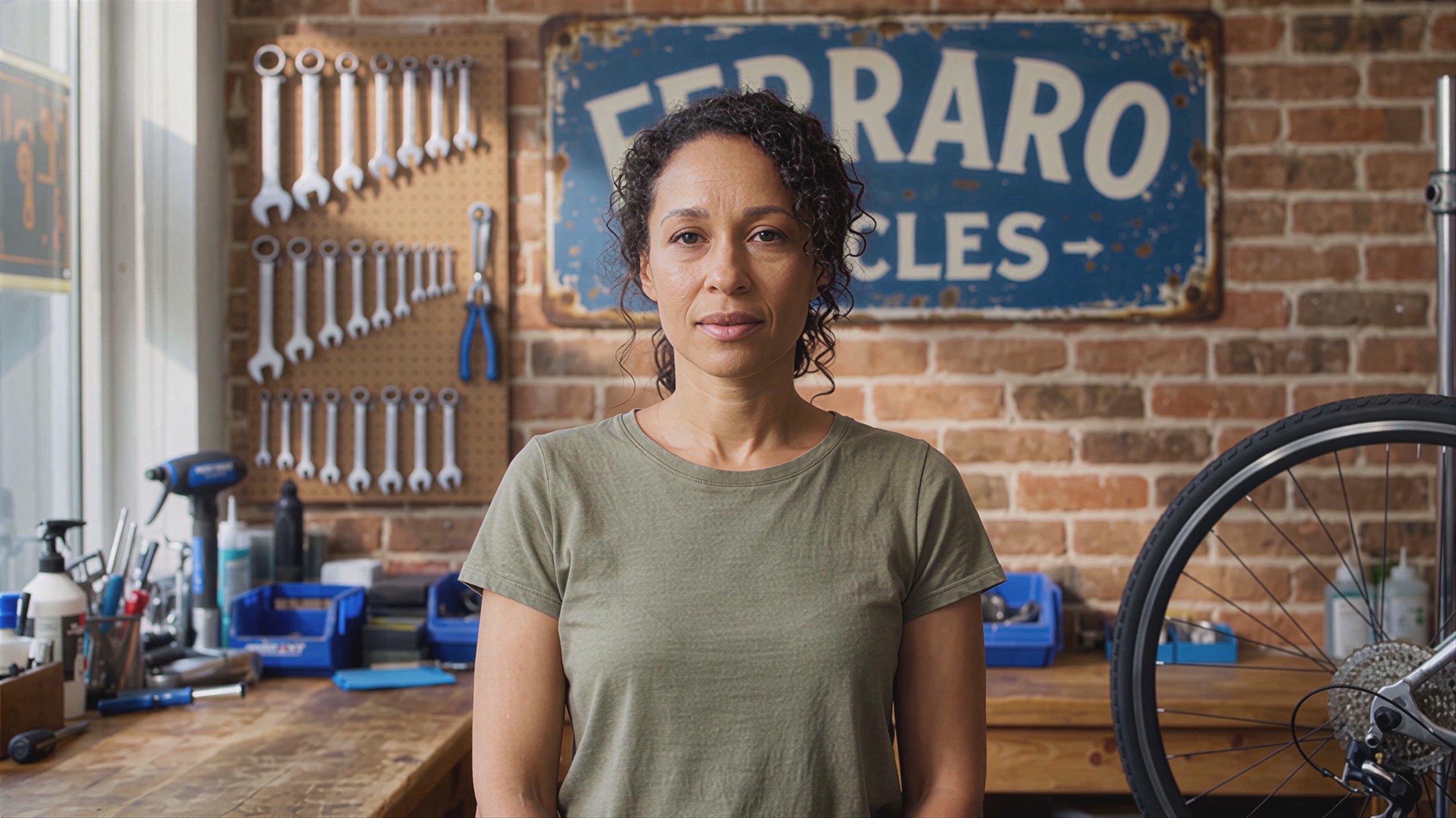 The clip upscaled generatively: curls, skin texture and lashes resolved that the 480p never held — a woman standing behind the counter of a bicycle repair shop
