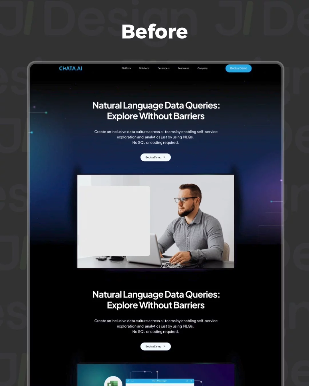A look at a recent project for a SaaS platform for data analysts.The team came to me for a redesign because the website no longer reflected the evolution of their business. The structure had also lost its focus, putting too much emphasis on the product itself rather than the problems it helps solve.The team had already done a lot of work on research and restructuring. After a long conversation and a review of their existing data, I started with an audit of the current website and their first restructuring drafts.From there, I developed a clear and repeatable visual concept for the website.The goal was to reflect the brand through a modern, clear experience that communicated the proactive and self-service nature of the product.The concept was simple: a clean visual language, a more intentional use of color, stronger hierarchy, and a design system that could be consistently applied across the website.I then worked across the main pages, refining the UX/UI, improving navigation, and making the experience work consistently across devices.Strategy · UX/UI · Framer