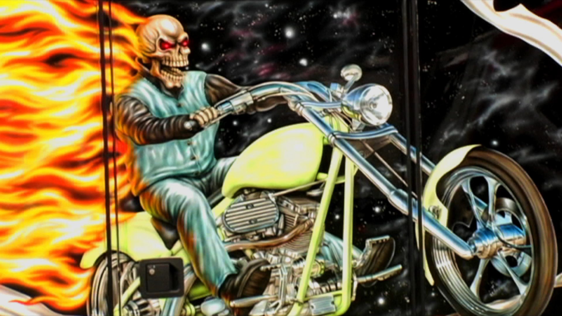 Musicians perform on an outdoor stage at a motorcycle rally, intercut with close-ups of detailed airbrushed motorcycle tank artwork and interviews with participants.