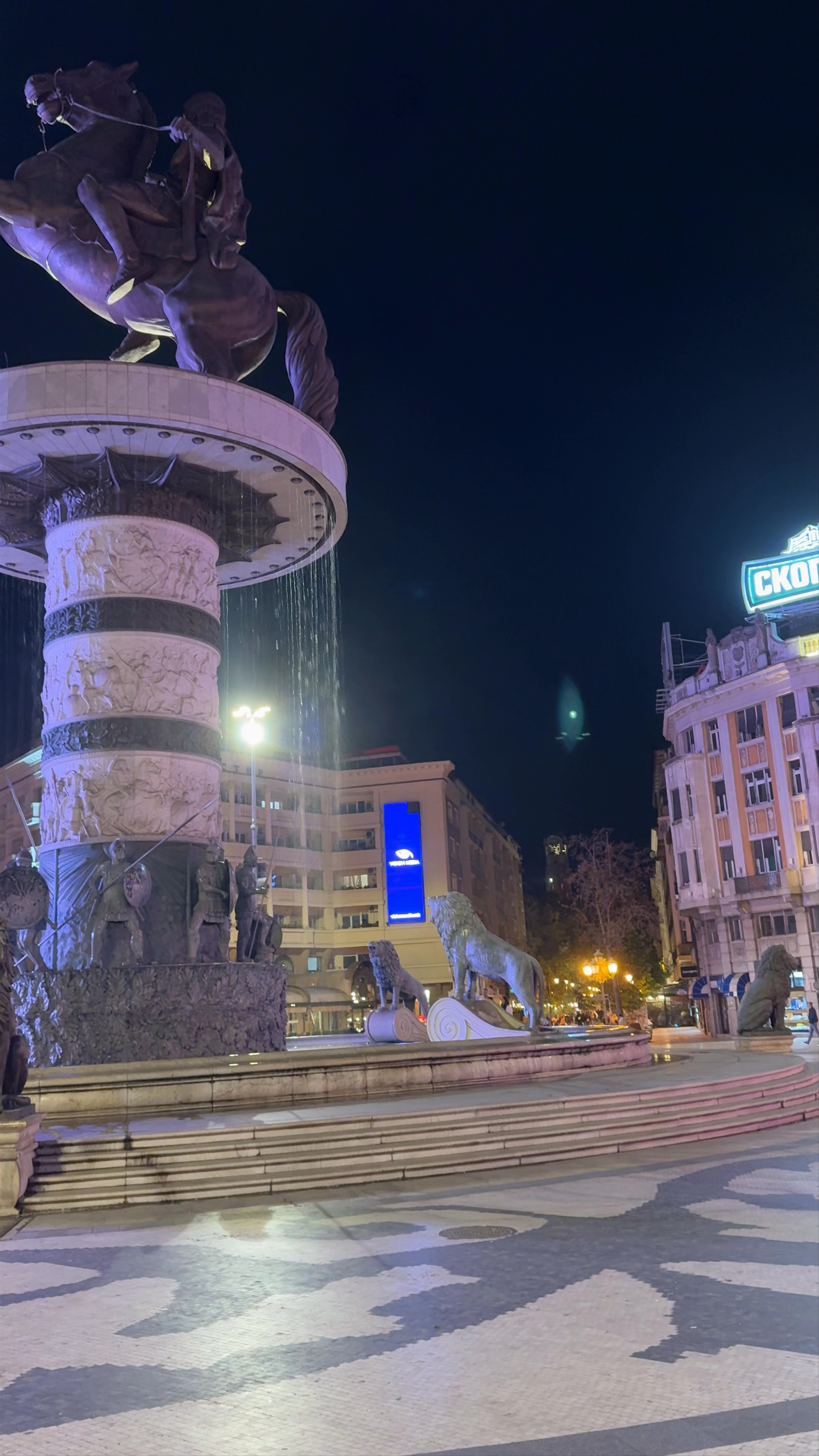 Warrior on a Horse Monument at Night in Skopje