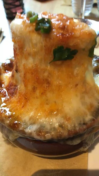 59 Almshouse - Cheese pull on French onion soup - New American Near Me - Richboro, Pennsylvania