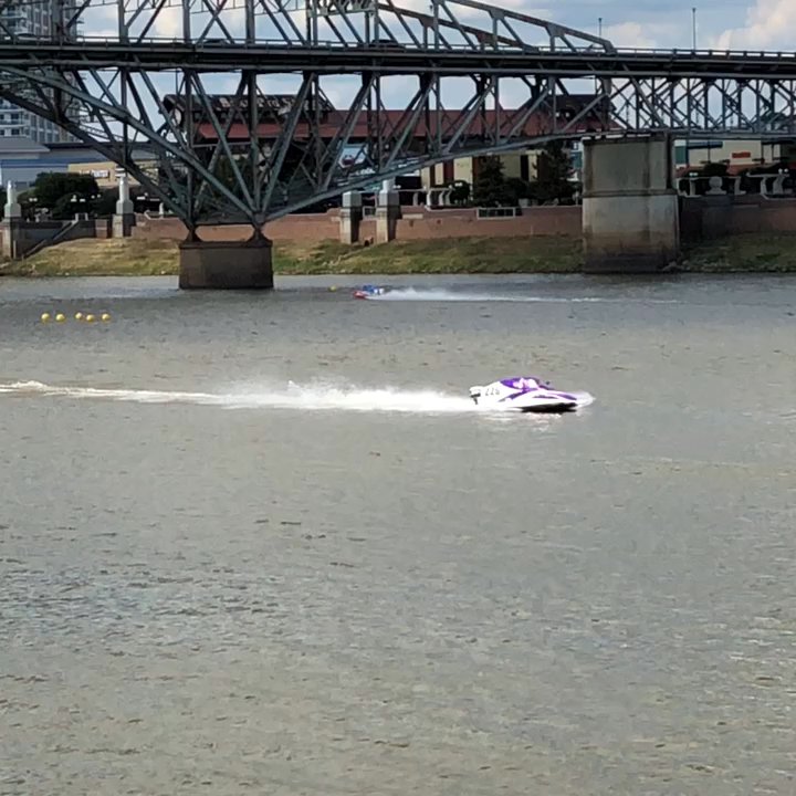 Texas Street Bridge - 8/31/18. Friday. 95 degrees. 2018 U.S. Powerboat Nationals practicing on the Red River for this weekend's National Championship competition! - Landmarks & Historical Buildings Near Me - Bossier City, Louisiana