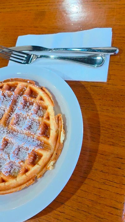Papa's Box - My freshly made Waffle with powdered sugar, as I pour the maple syrup on top. - Breakfast & Brunch Near Me - Roanoke, Virginia