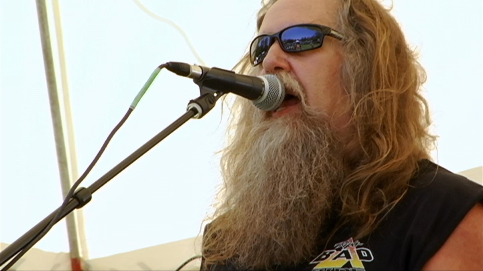 A man with a long beard performs on stage before a crowd of attendees at an outdoor motorcycle rally event. The setting captures a lively festival atmosphere with musical accompaniment and a diverse audience.