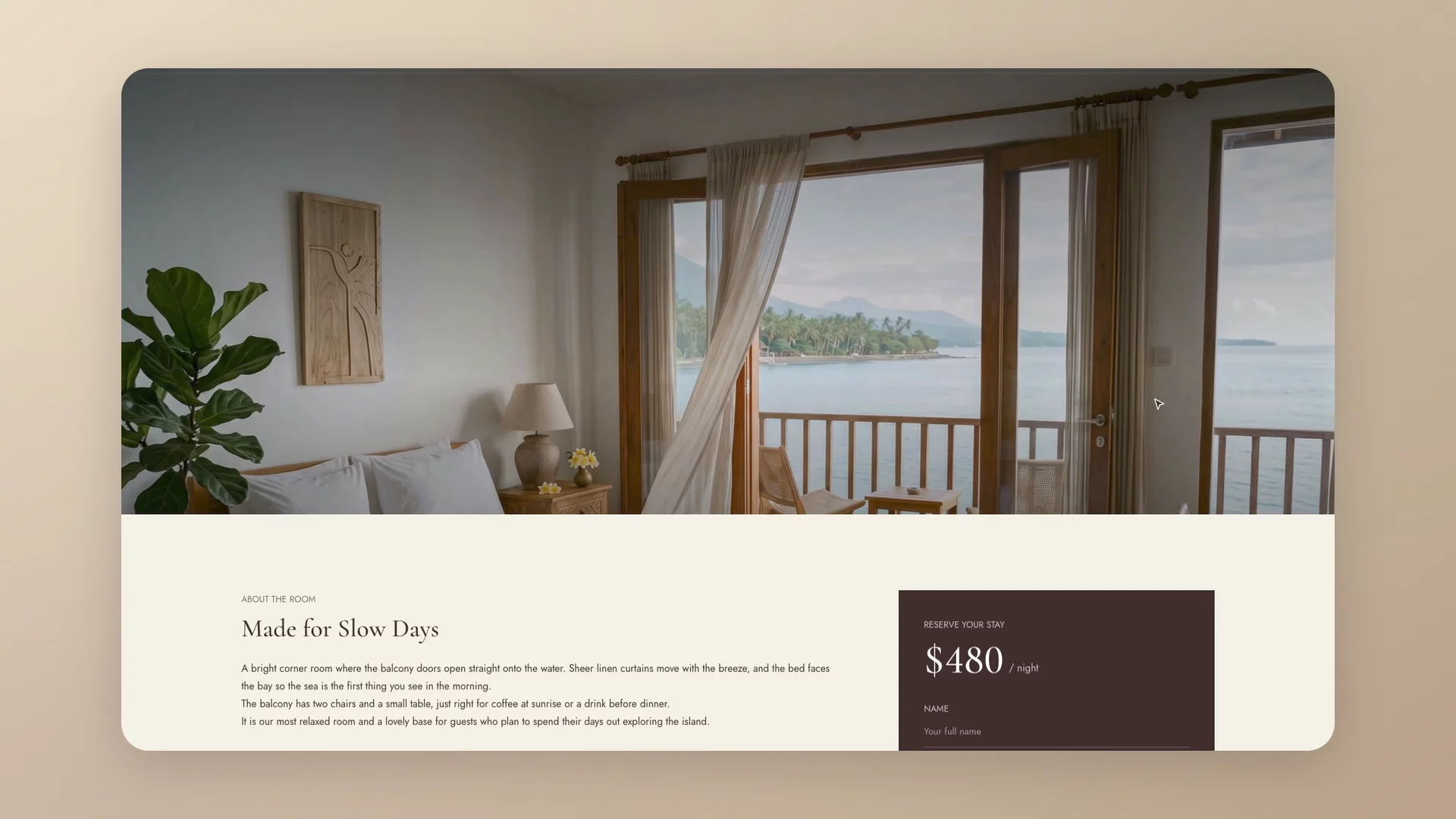 Guests decide on the room page, so the enquiry should be right there.Each CMS room page in Arunika carries its own price, details, amenities and enquiry form. Guests can ask about dates without leaving the room they chose.https://arunika-resort.framer.website/rooms/sea-view-deluxe